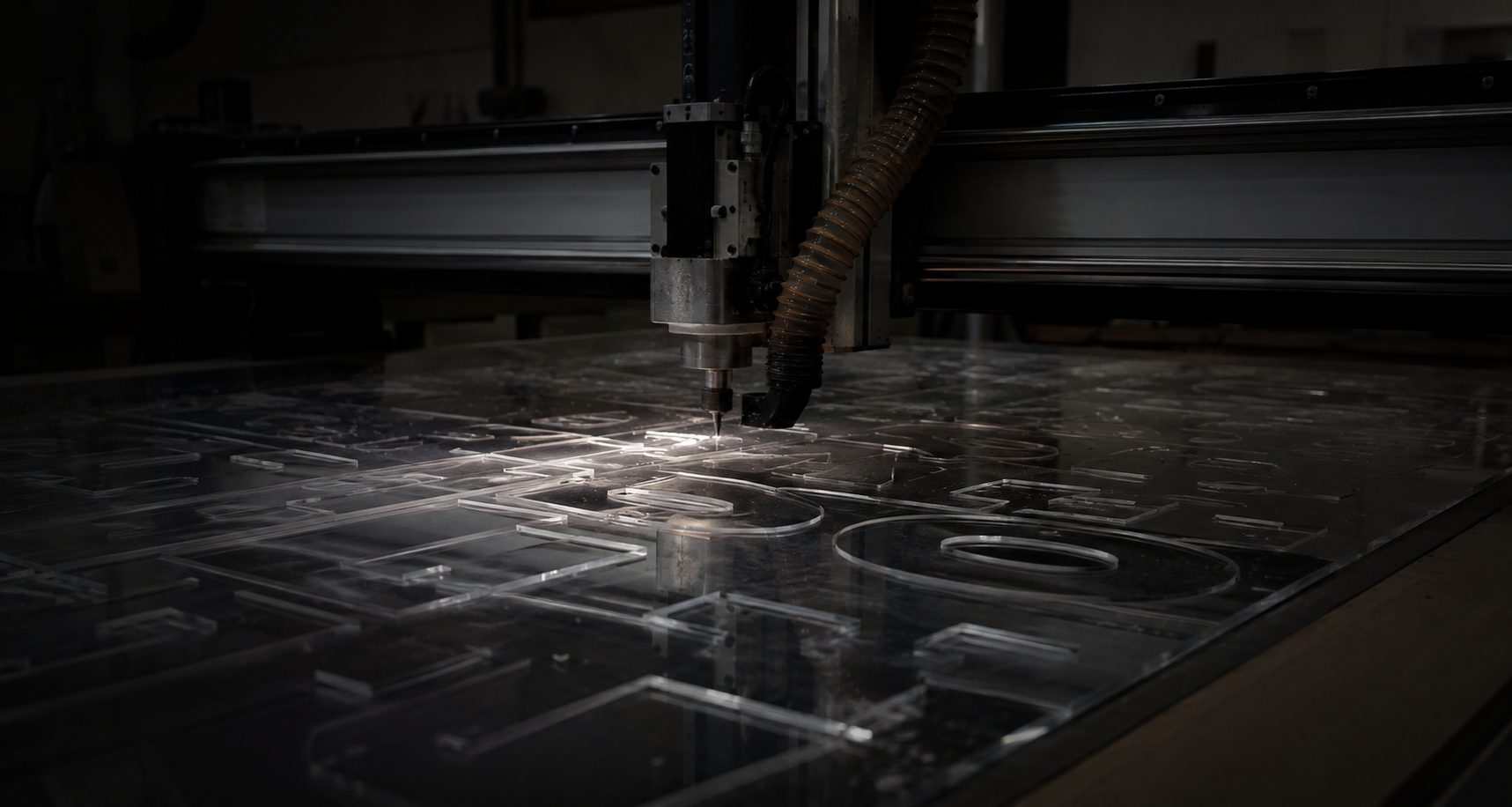 CNC gantry mid-cut across a full sheet of acrylic, low raking light