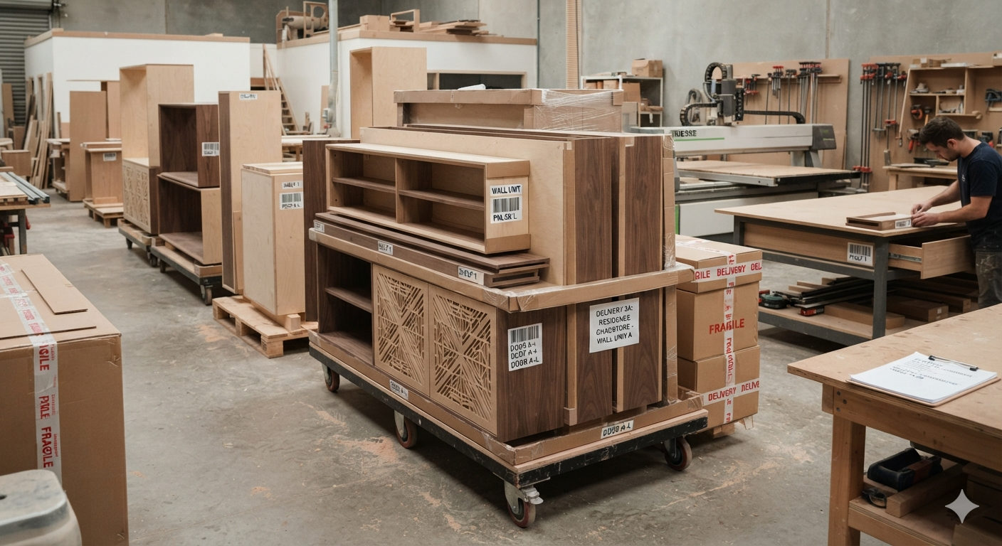CNC-cut components packed and labelled on a workshop trolley, ready for despatch